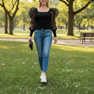 # A145  Why Dress Black Ribbed Top with Sheer Polka Dot Puff Sleeves  NWT S